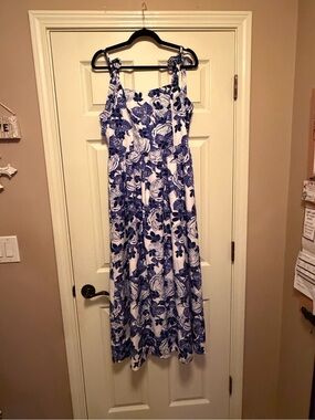 Blue and White Floral Tie-Shoulder Maxi Dress